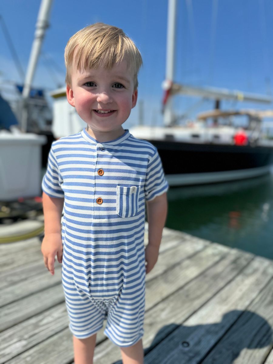 Camborne Henley Romper - Blue/White Stripe