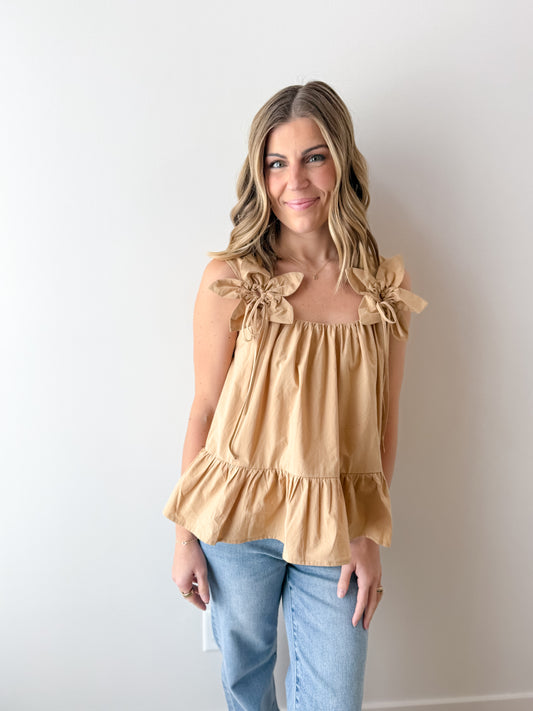 Square Neck 3D Flower Top - Mocha