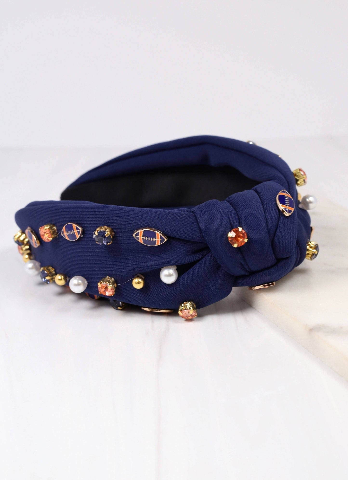 Football Embellished Headband - Navy & Orange