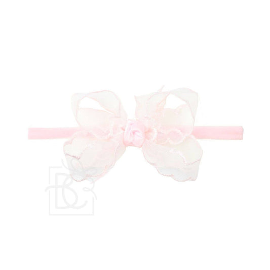 Scalloped Organza Bow, Nylon Headband - Light Pink
