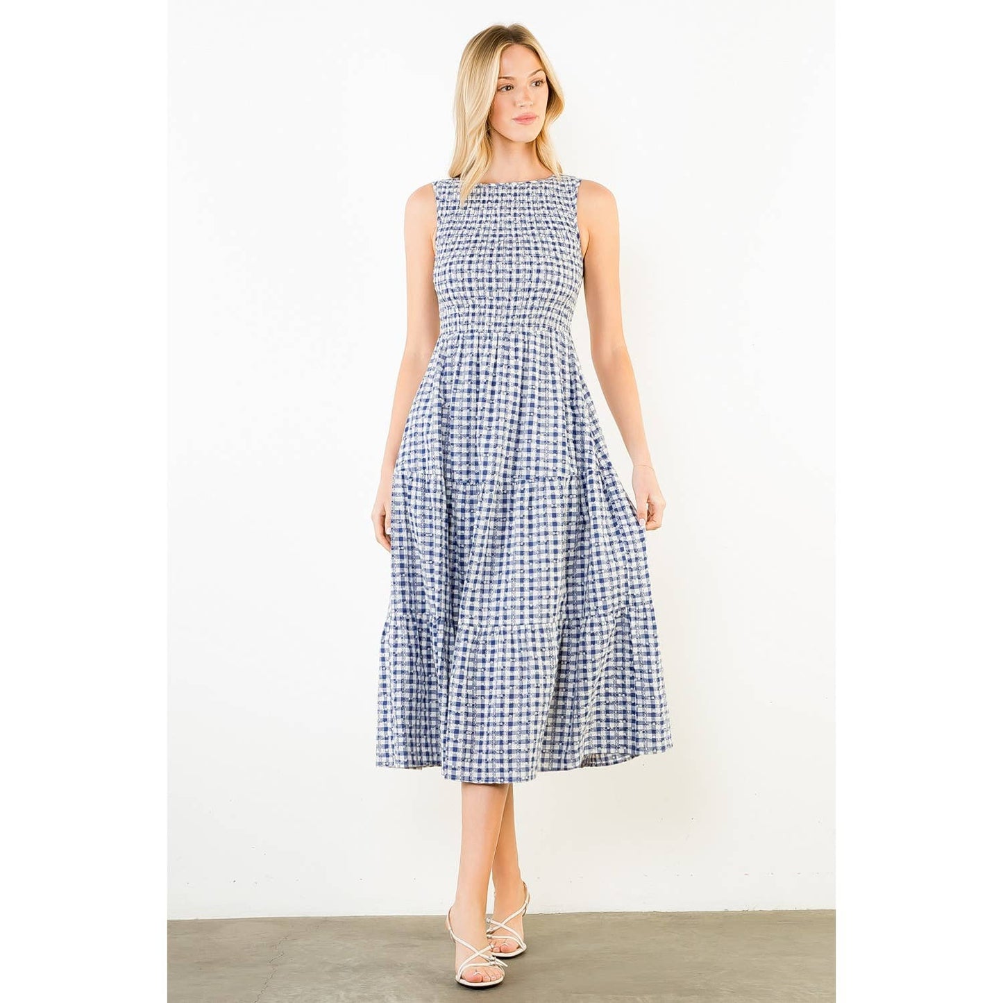 Sleeveless Navy Gingham Patterned Dress