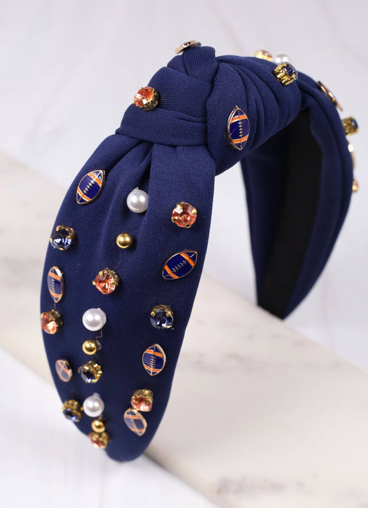Football Embellished Headband - Navy & Orange