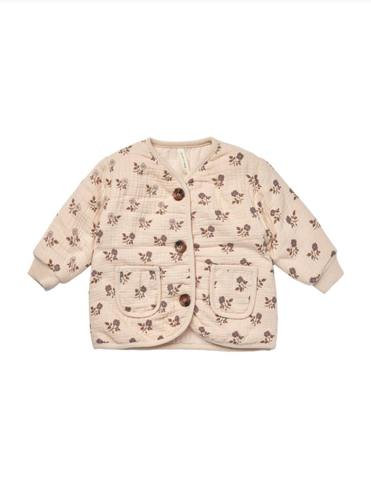 Quilted V Neck Button Jacket - Fig Flora