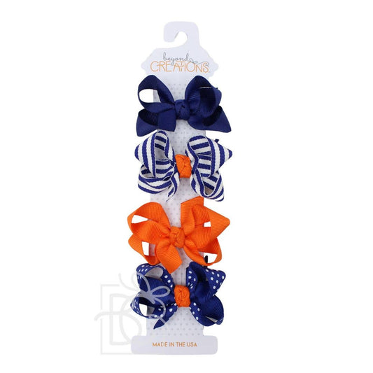 4 pack Small Hair Bows on Snap Clip: Navy/ Orange