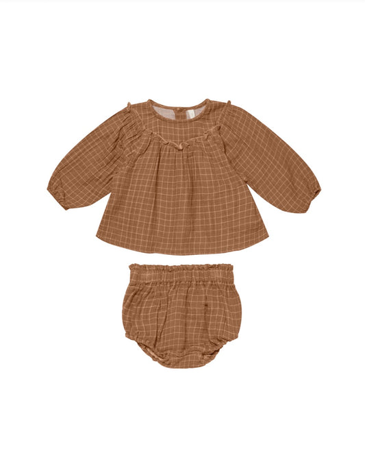 Balloon Sleeve Blouse + Bloomer Set - Cinnamon Grid