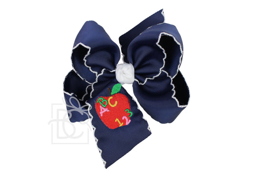 Embroidered Apple 'ABC 123' on Crochet Edge Bow: 4.5" Large