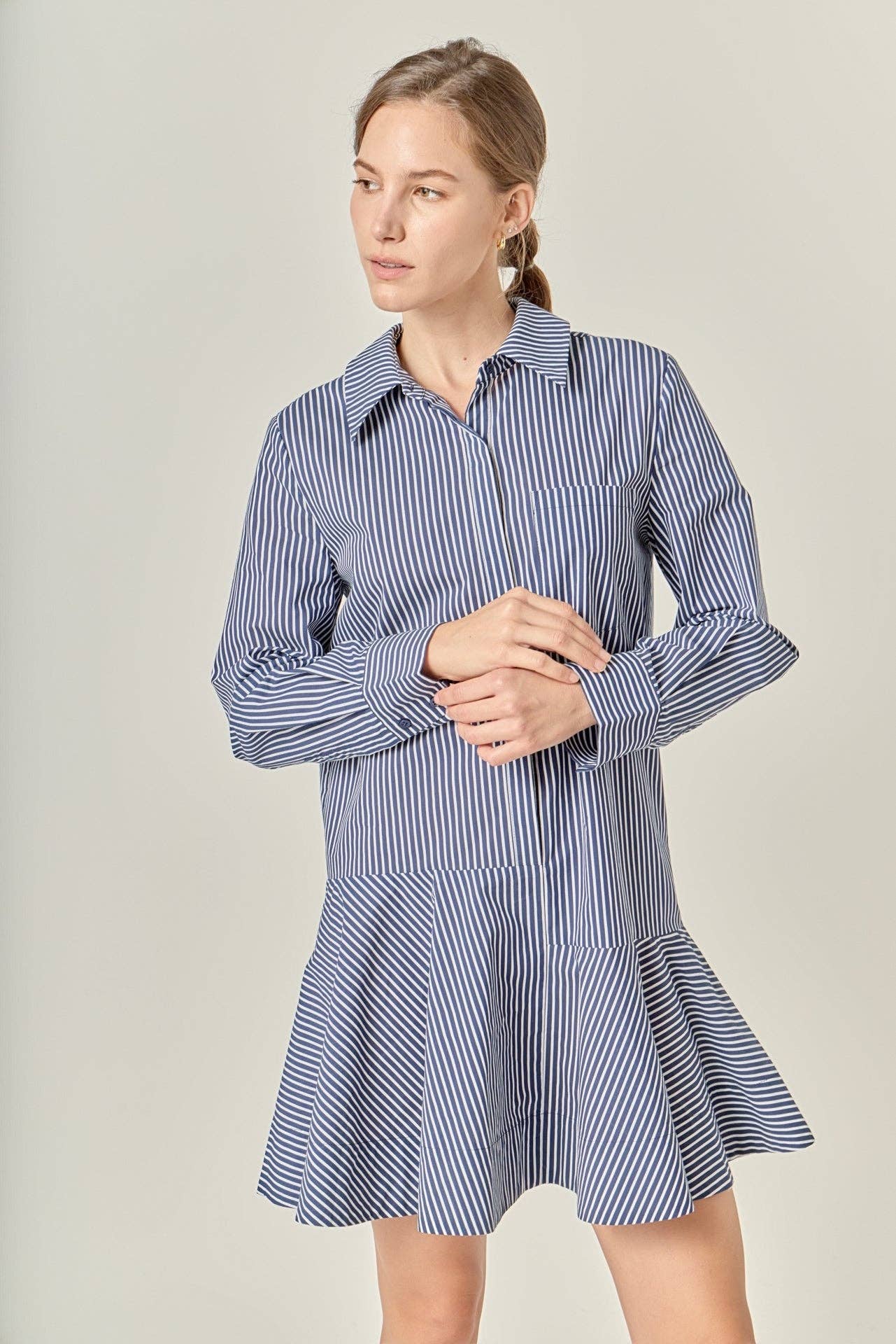 Stripe Collar Flared Skirt Dress- Navy