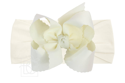 Wide Nylon Headband w/ Scalloped Edge Bow: 5.5" - Antique White