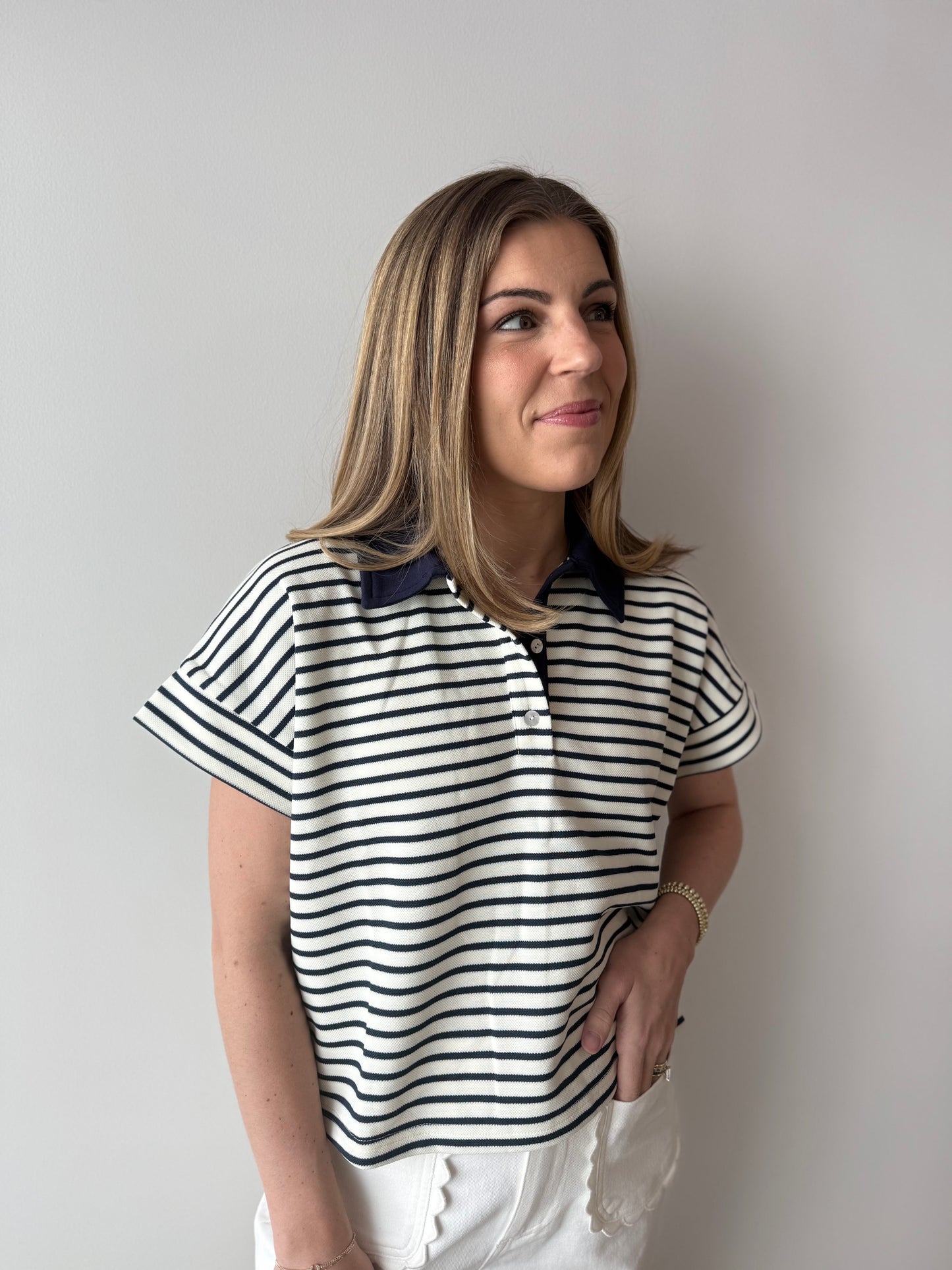 Short Sleeve Knit Top - Navy Stripe