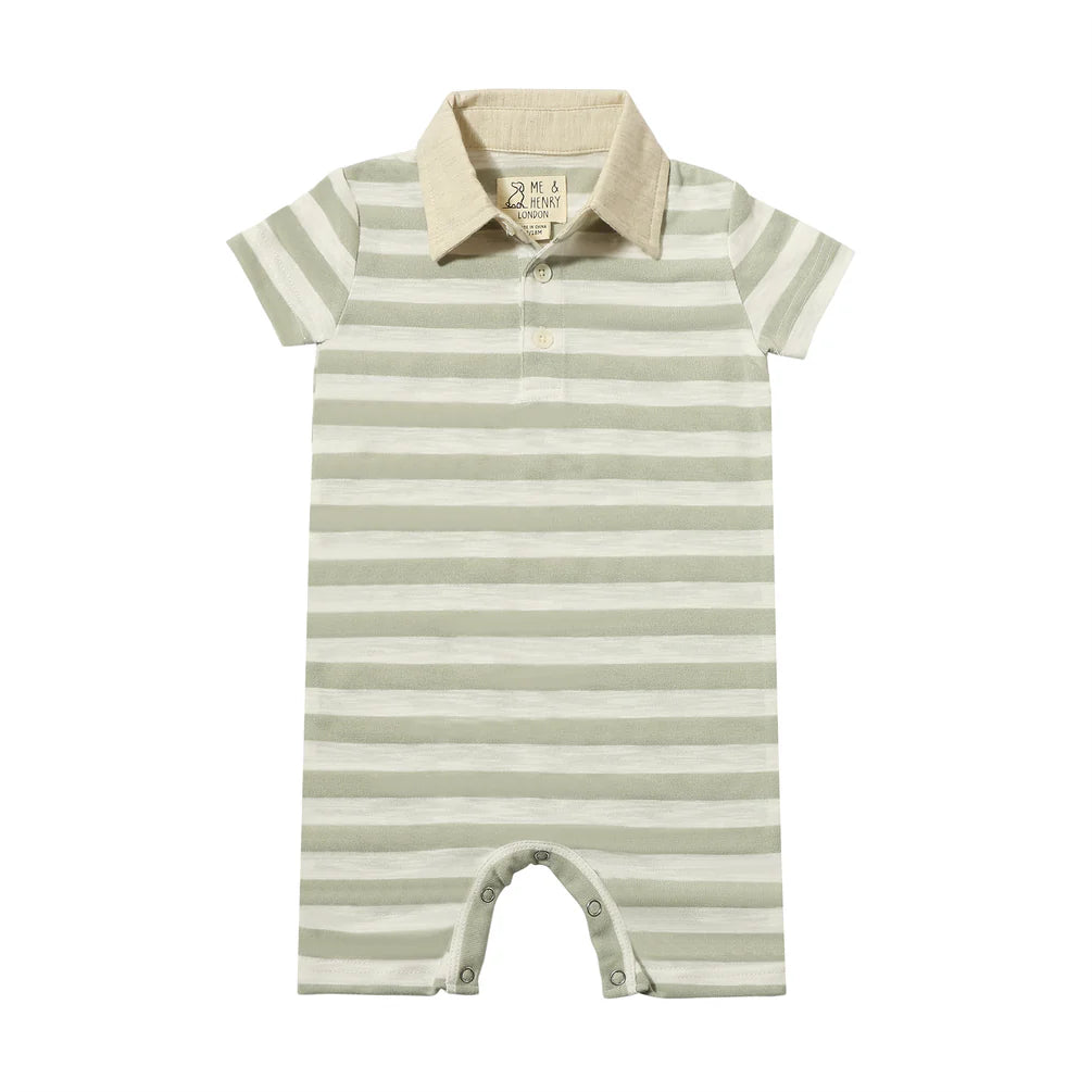 Saltash Polo Romper - Grey/White Stripe