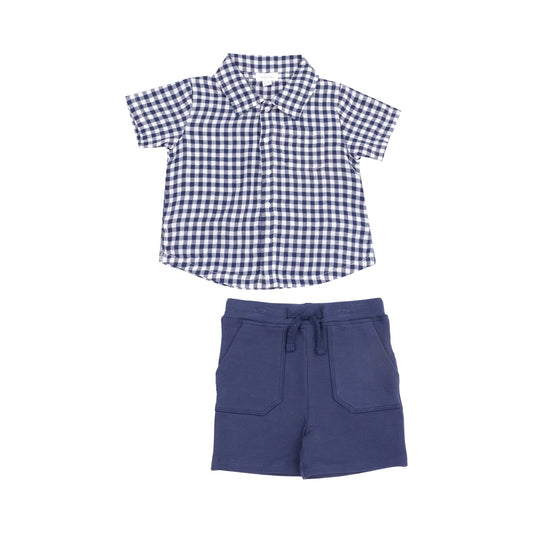 Button Down Muslin Polo + French Terry Short - Navy Gingham