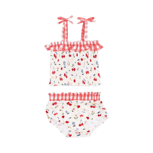 Water-Color Cherries + Gingham Smocked Top + Bloomer Set