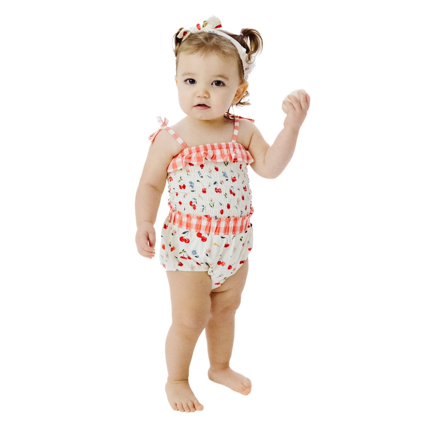 Water-Color Cherries + Gingham Smocked Top + Bloomer Set