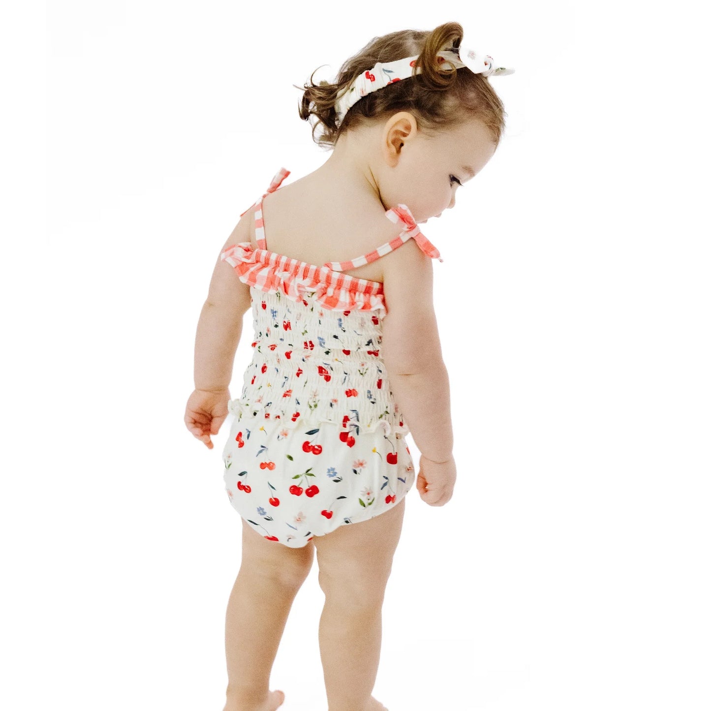 Water-Color Cherries + Gingham Smocked Top + Bloomer Set