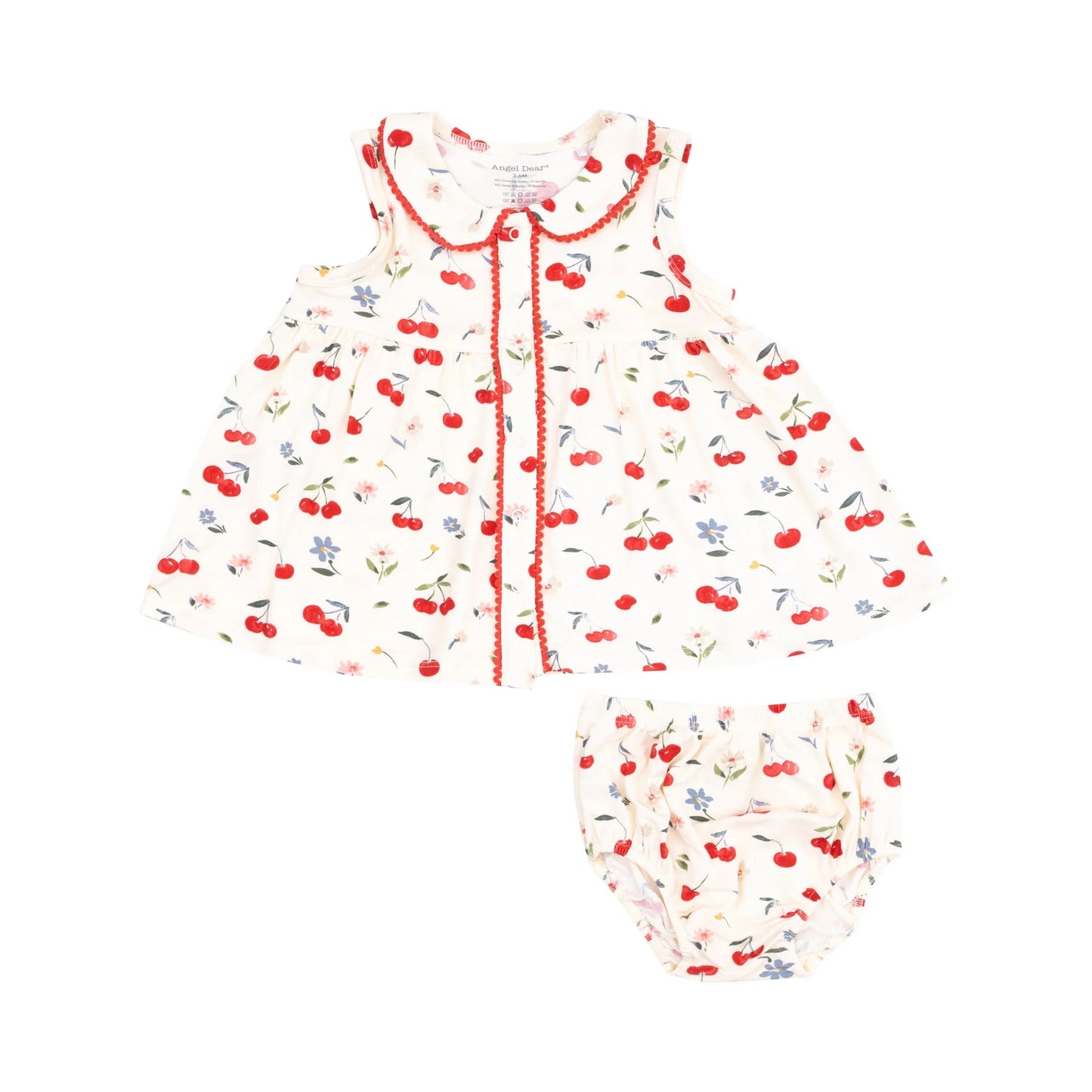 Peter Pan Button Front Dress with Ric Rac Trim - Watercolor Cherries