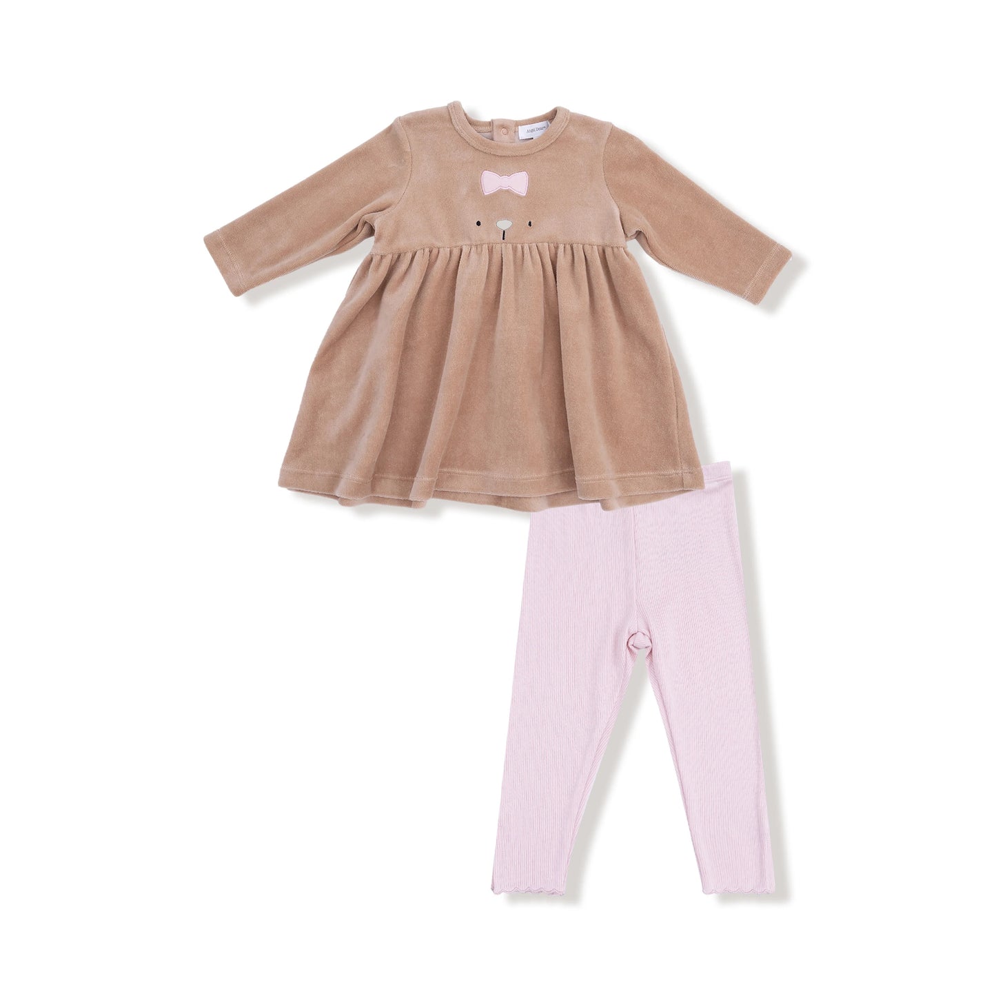 Long Sleeve Dress + Legging - Velour Teddy Bear
