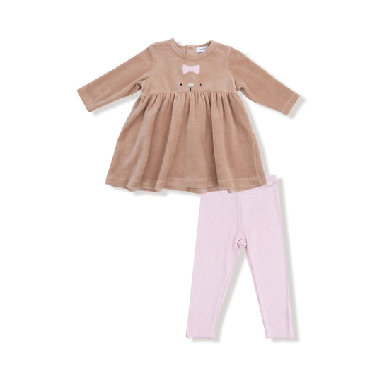 Long Sleeve Dress + Legging - Velour Teddy Bear