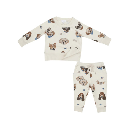 French Terry Vintage Puppy Faces - Raglan Sweatshirt And Jogger Set
