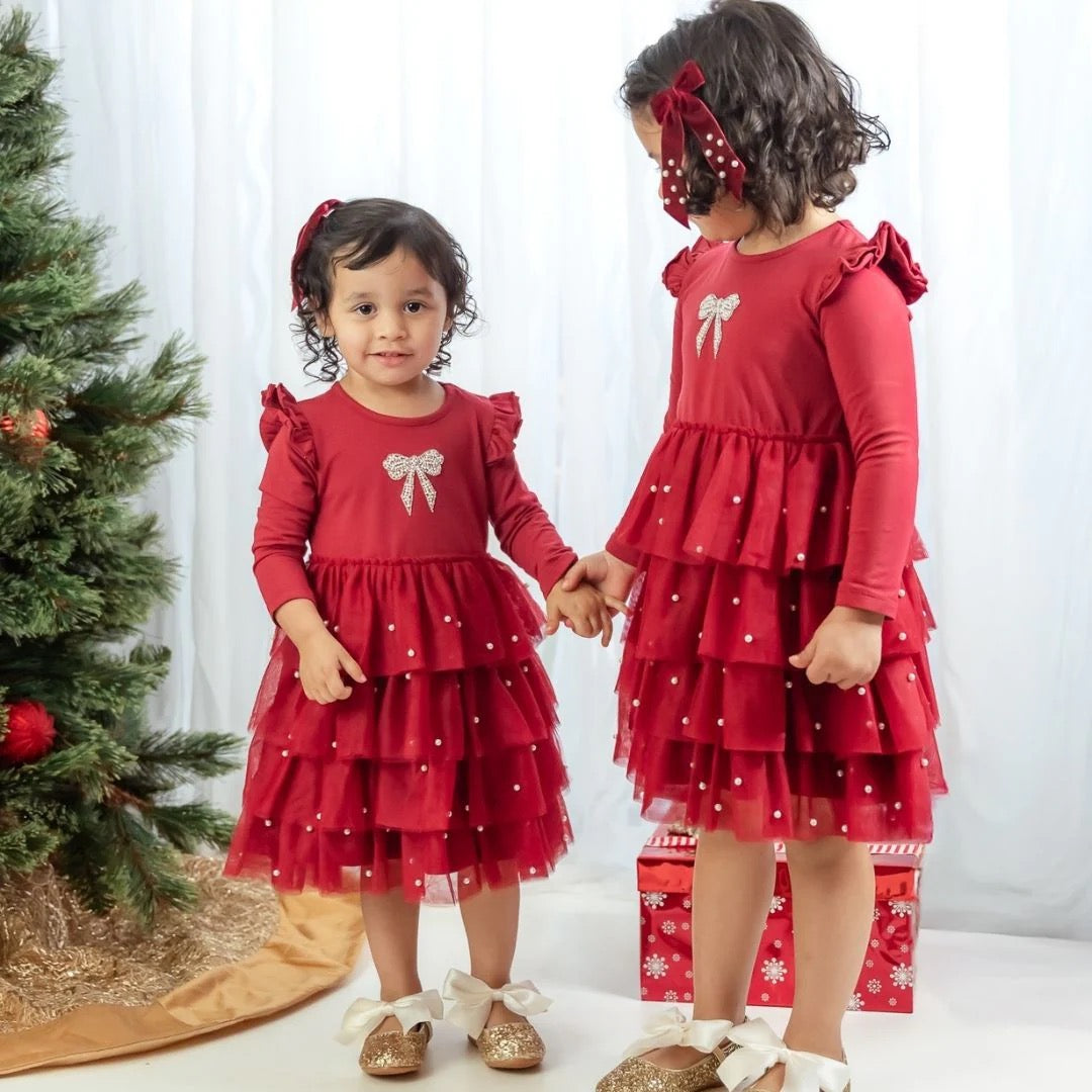 Christmas Pearl Long Sleeve Tutu Dress
