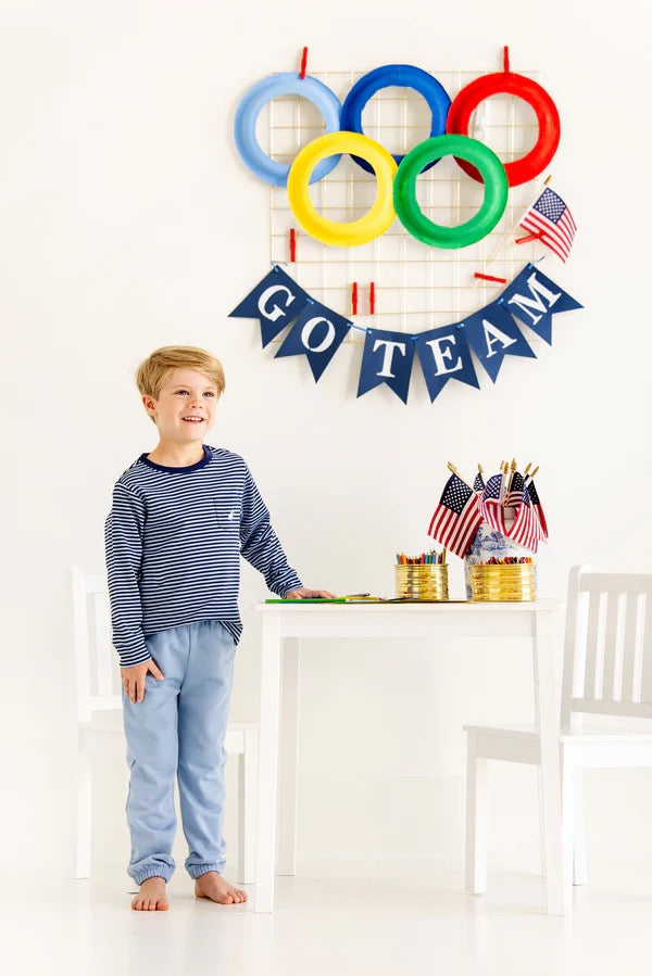 Long Sleeve Carter Crewneck - Barrington Blue & Nantucket Navy Stripe with Worth Avenue White Stork