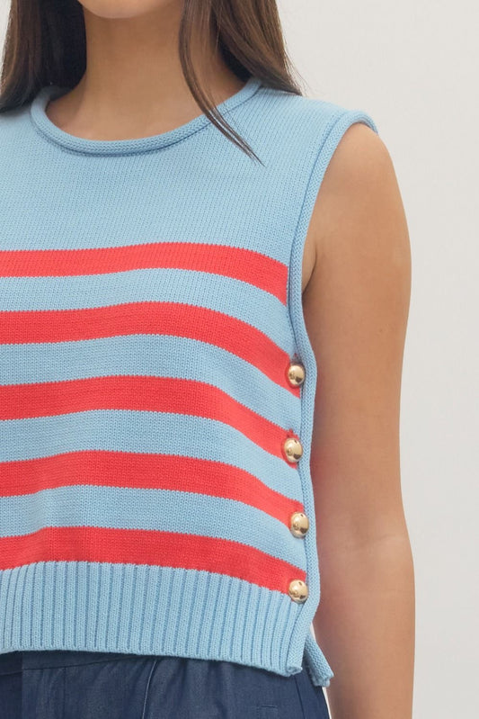 Striped Sleeveless Knit Top - Blue/Red Stripe