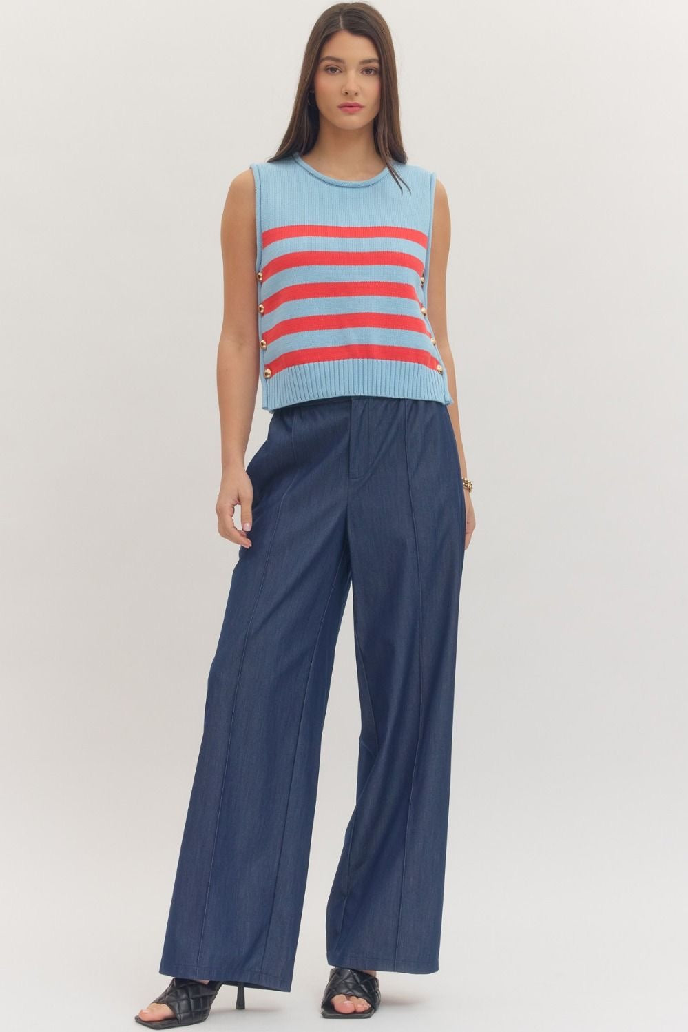 Striped Sleeveless Knit Top - Blue/Red Stripe