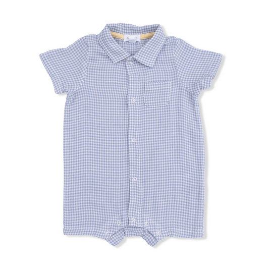 Polo Shortie Romper - Micro Blue Gingham