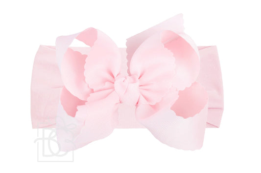 Wide Nylon Headband w/ Scalloped Edge Bow: 5.5" - Powder Pink