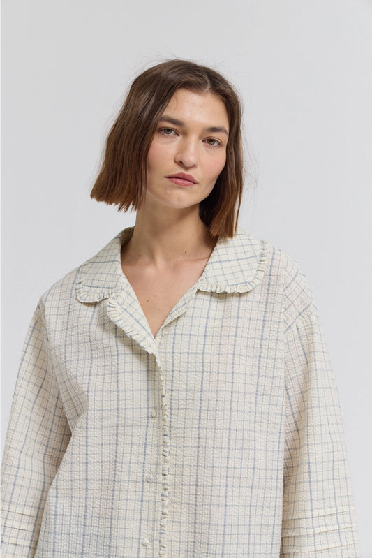 Ruffle Pleated Sleeve Shirt - Blue Grid