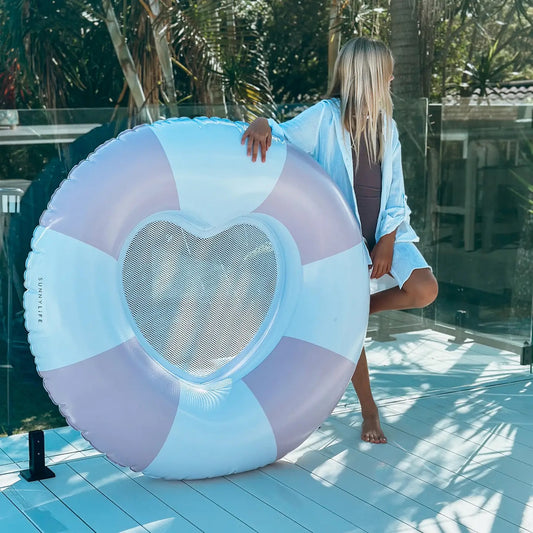Luxe Pool Ring - Heart Pink Stripe