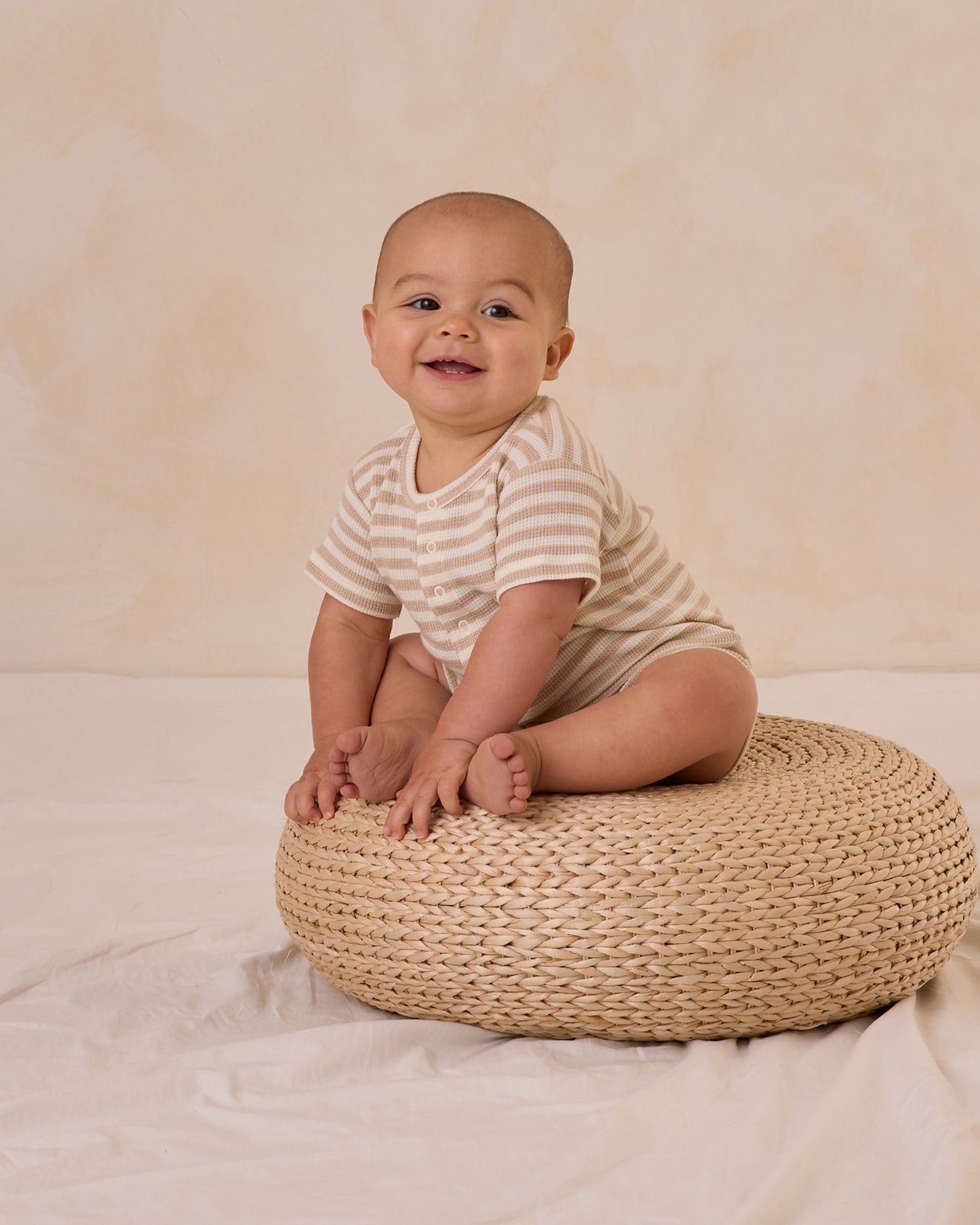Waffle Snap Romper - Oat Stripe