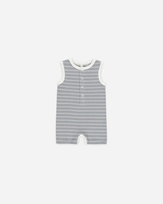Ribbed Henley Romper || Blue Pinstripe