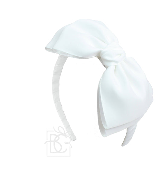 3/4" Hard Headband W/ 6.5" Opaque Satin Bow: White