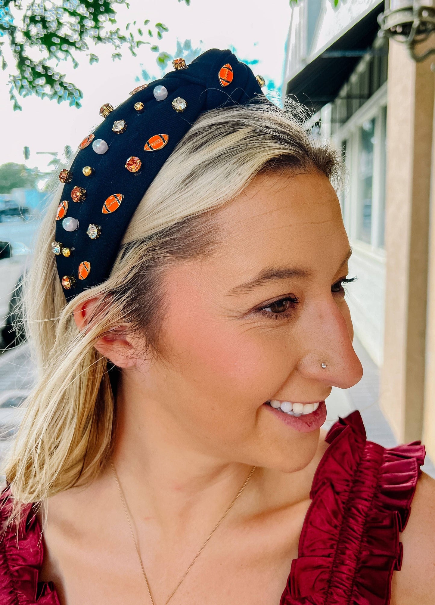Football Embellished Headband - Navy & Orange