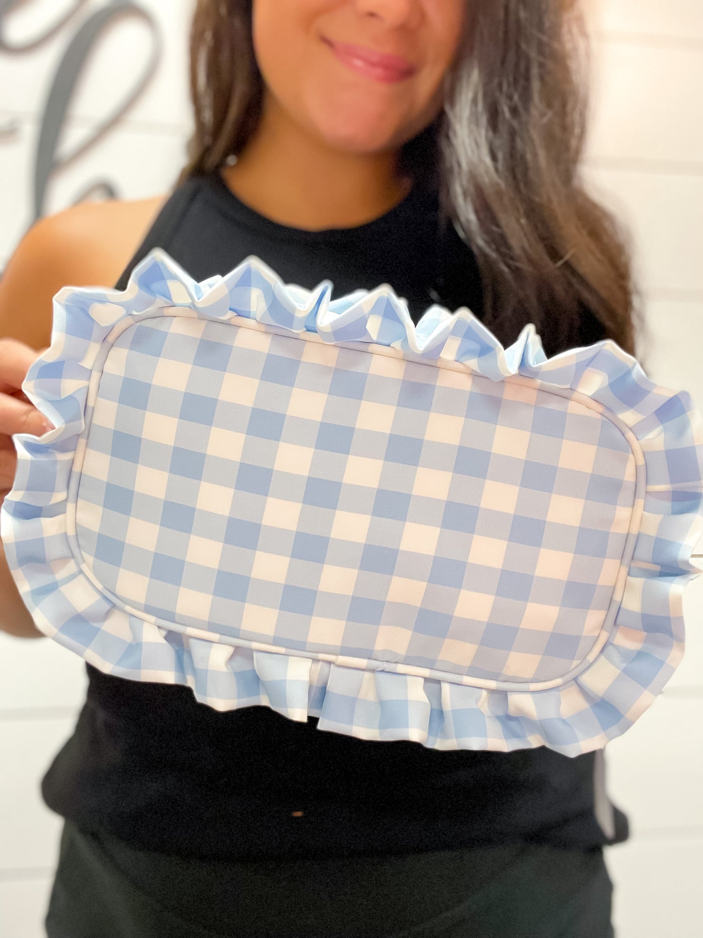 Light Blue Gingham Frilly Pouch
