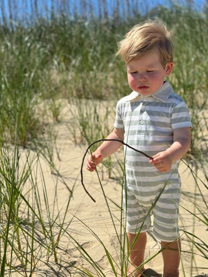 Saltash Polo Romper - Grey/White Stripe