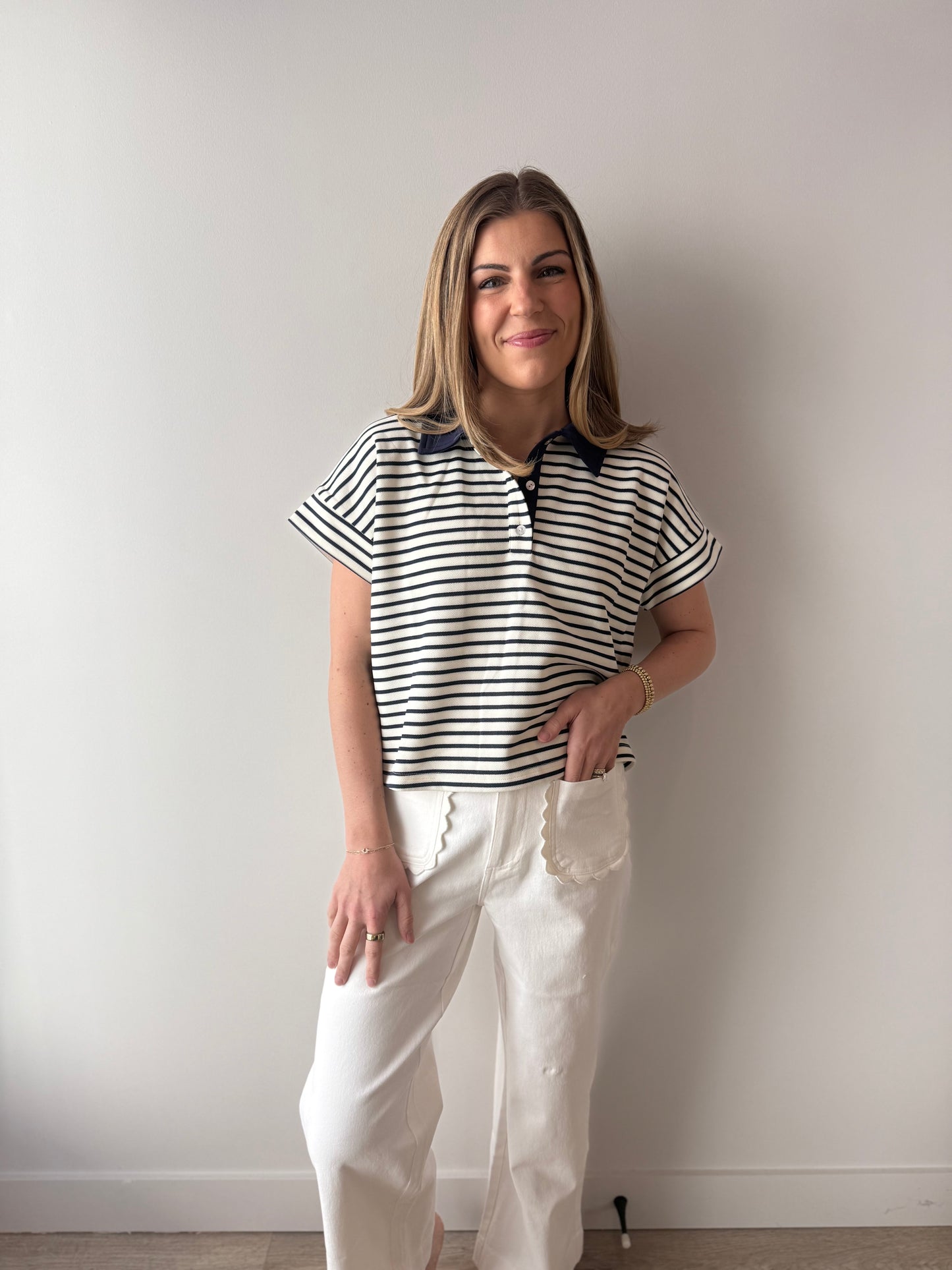 Short Sleeve Knit Top - Navy Stripe