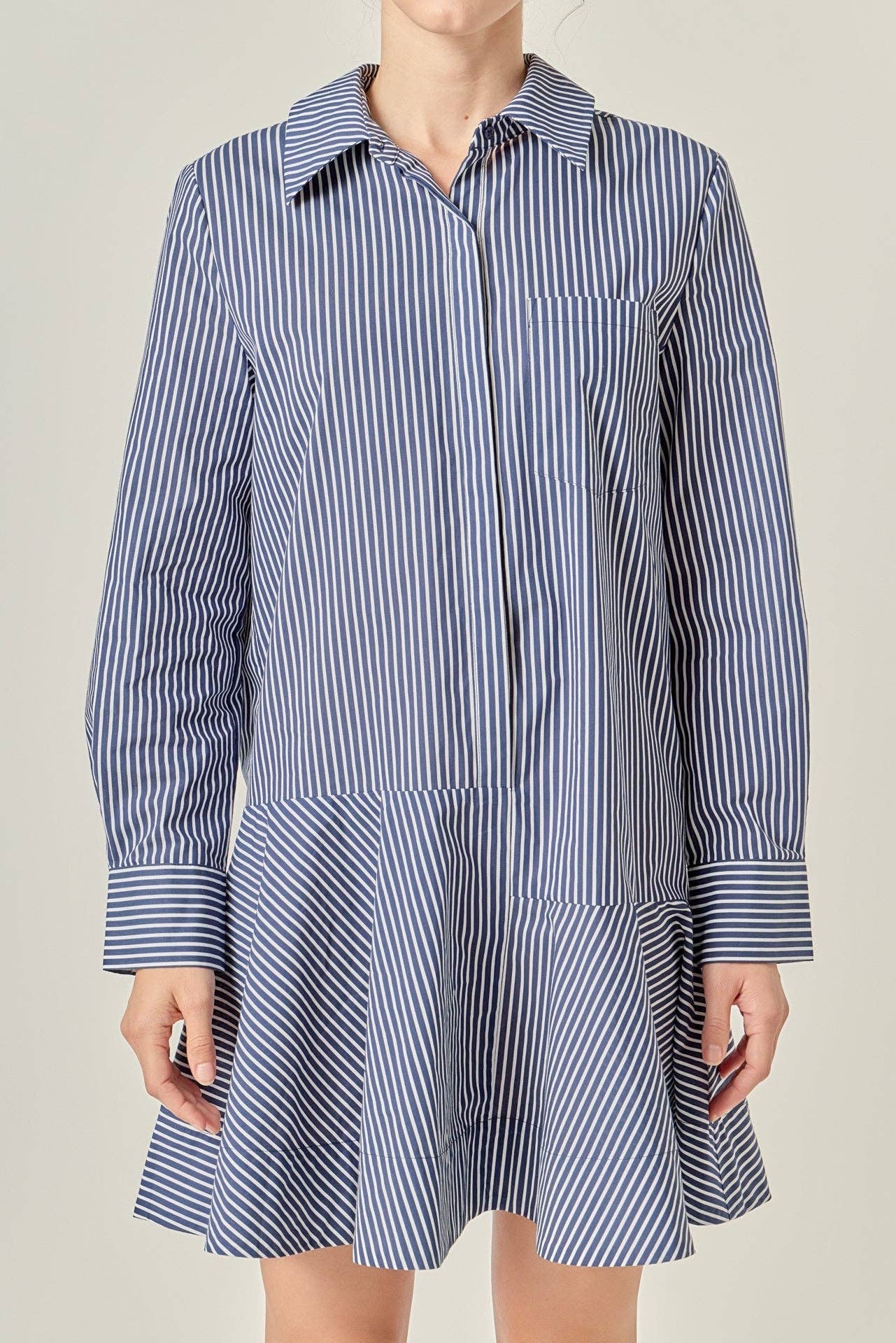 Stripe Collar Flared Skirt Dress- Navy