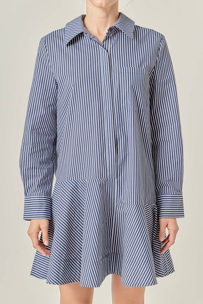 Stripe Collar Flared Skirt Dress- Navy