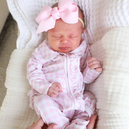 Peter Pan Collar Ruffle Zipper Footie: Rosy Gingham