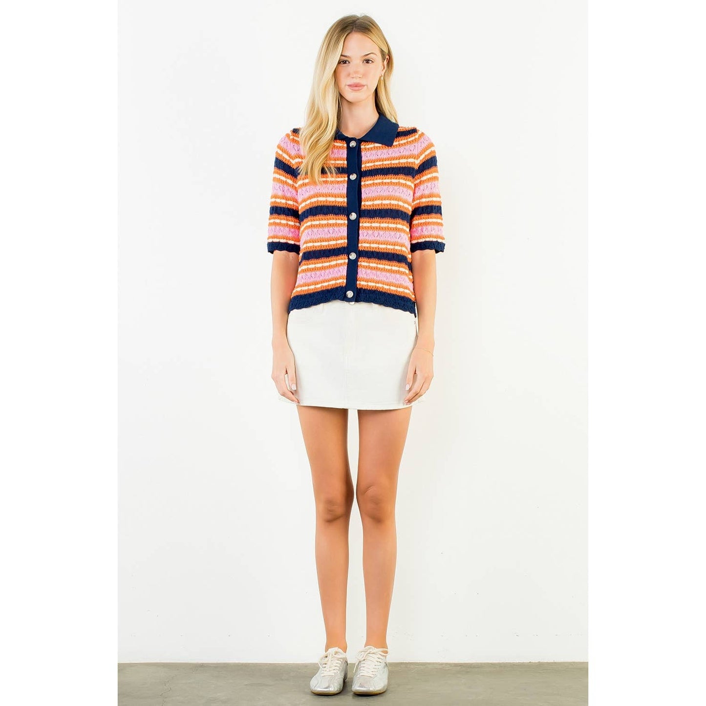 Short Sleeve Striped Knit Cardigan