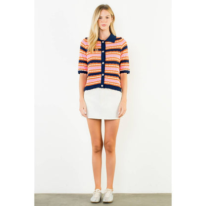 Short Sleeve Striped Knit Cardigan
