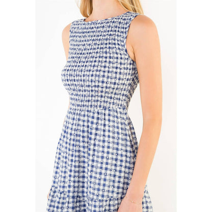 Sleeveless Navy Gingham Patterned Dress