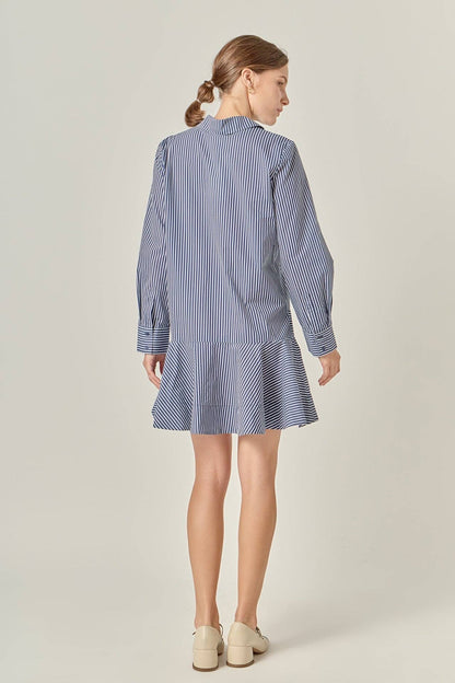 Stripe Collar Flared Skirt Dress- Navy