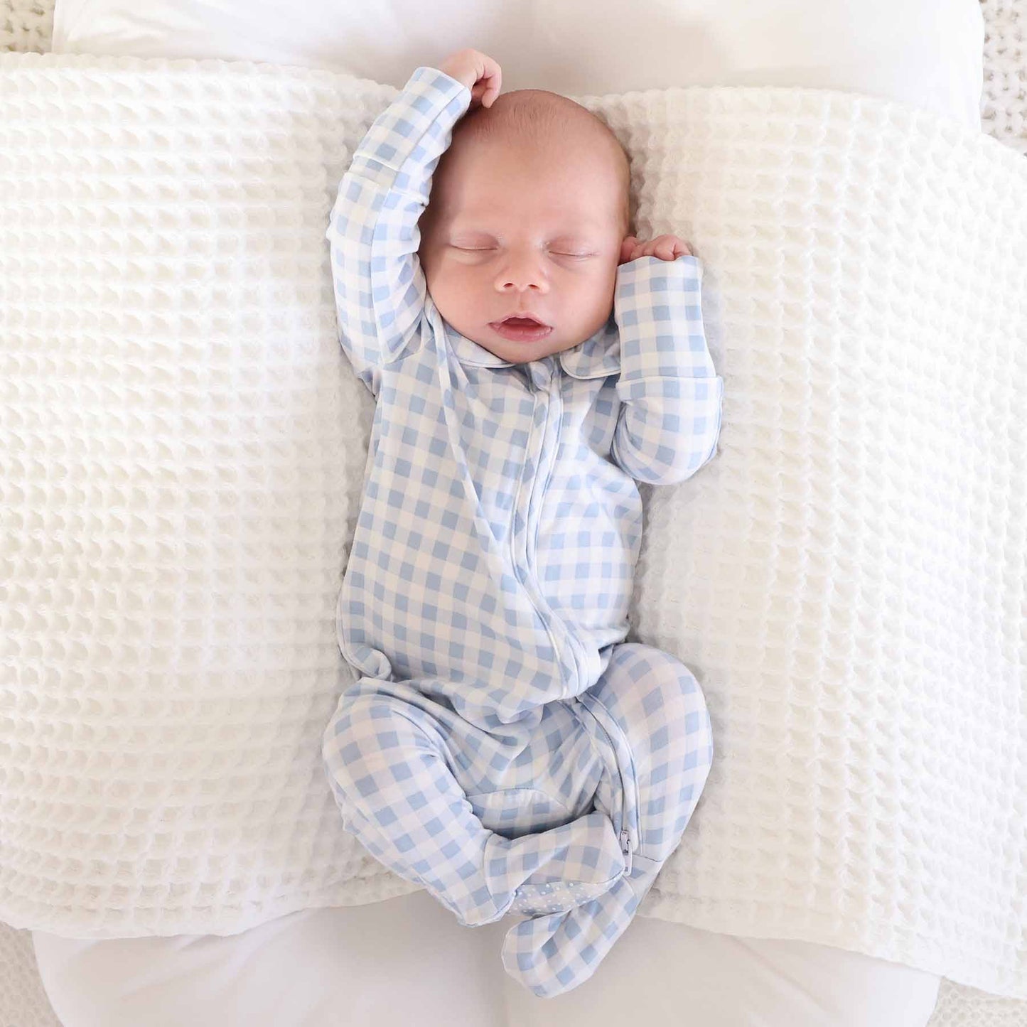 Pan Collar Zipper Footie: Dusty Blue Gingham