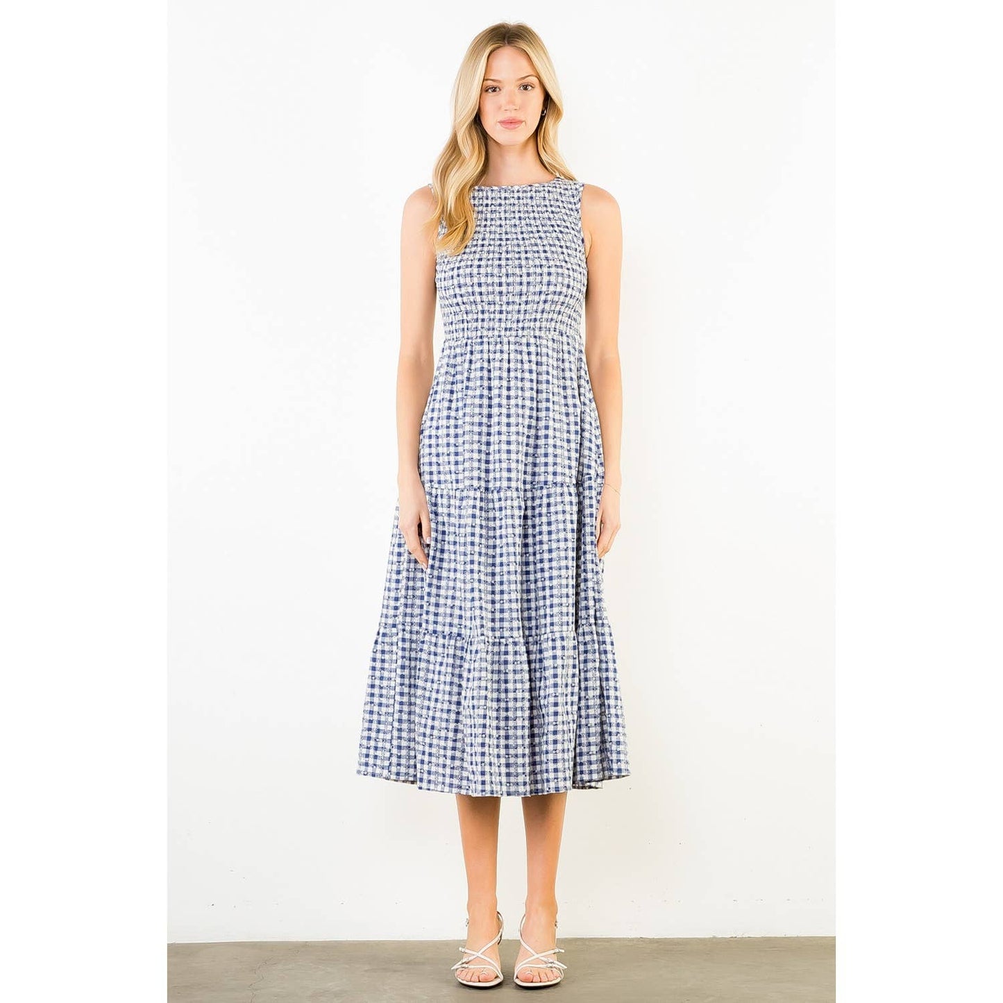 Sleeveless Navy Gingham Patterned Dress