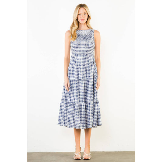 Sleeveless Navy Gingham Patterned Dress