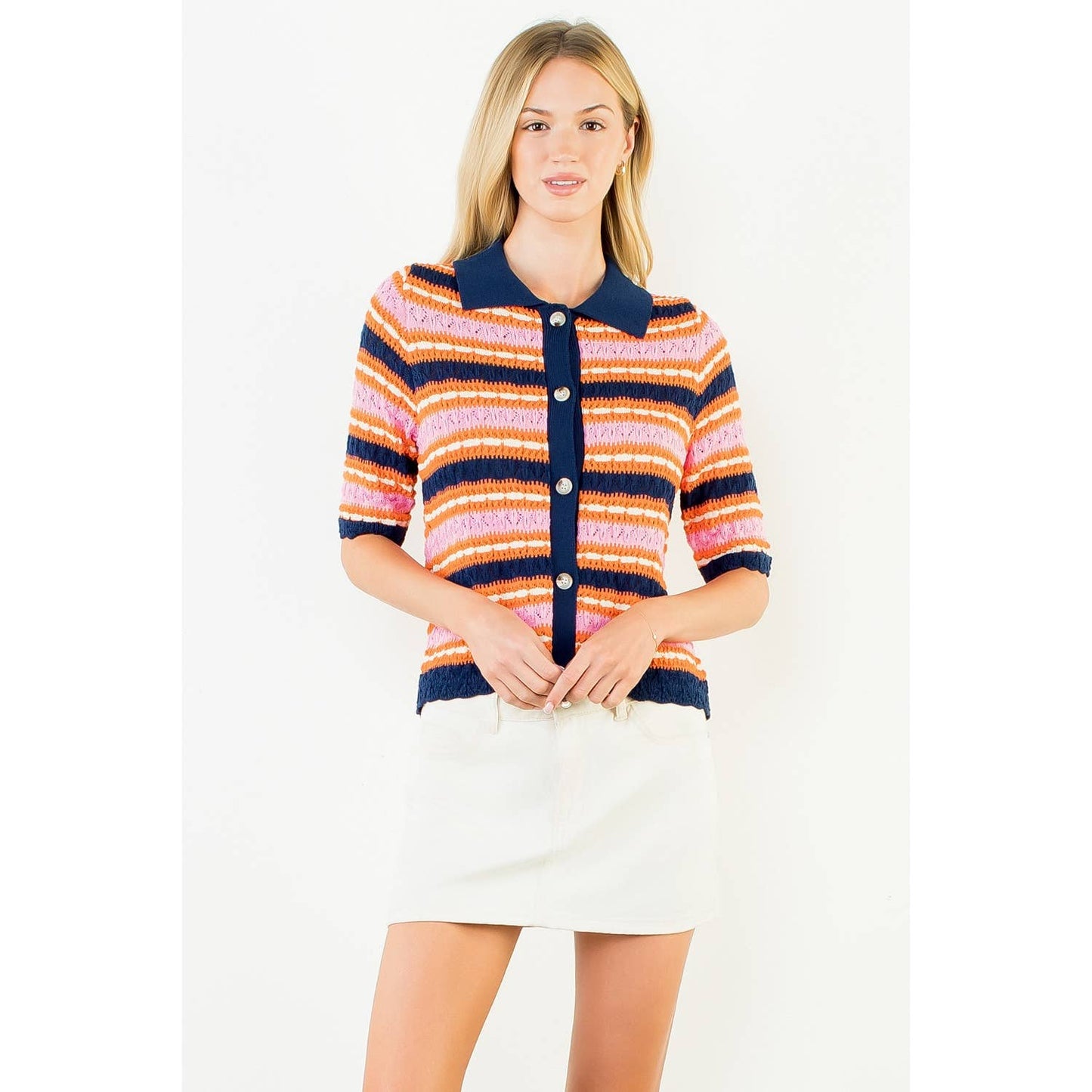 Short Sleeve Striped Knit Cardigan