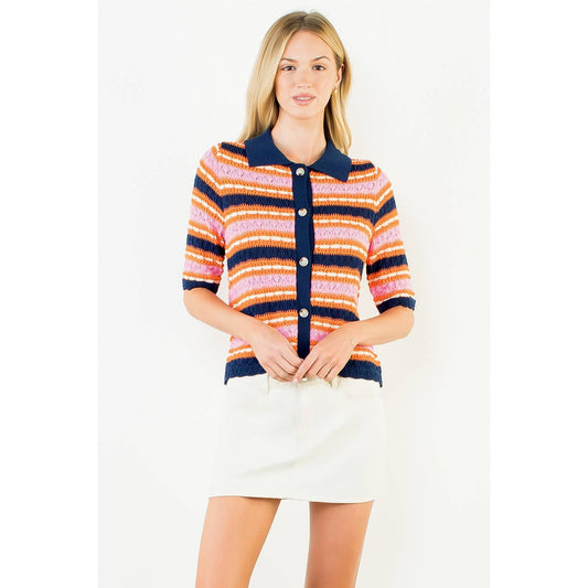 Short Sleeve Striped Knit Cardigan
