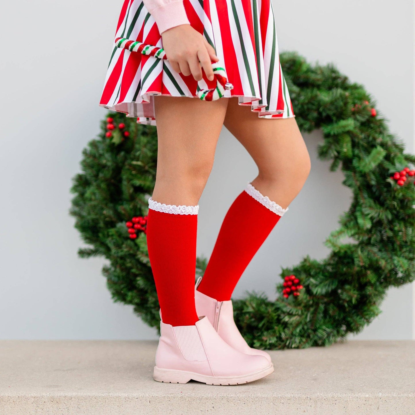 Santa Baby Lace Top Knee High Socks - Red/white